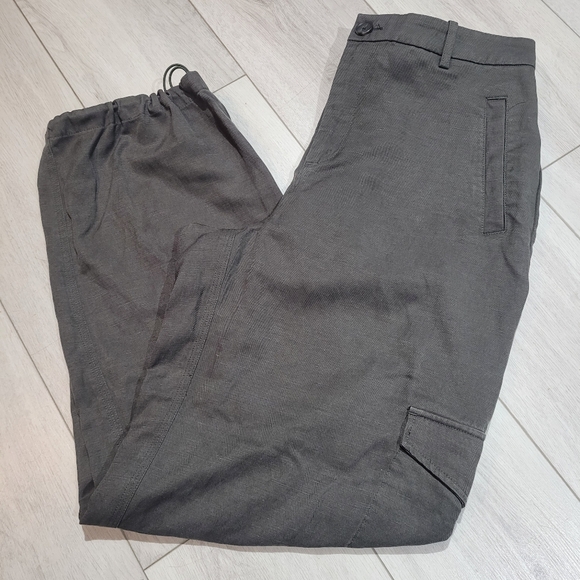 Contemporaine Pants - Contemporaine Women's Linen Blend Wide Leg Gathered Hem Cargo Pants Large Green